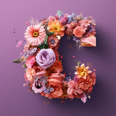  Floral Typography of the Letter C - Beautiful Pastel Flowers Arranged over a Wooden C with Calm, Muted Colors - Generative AI