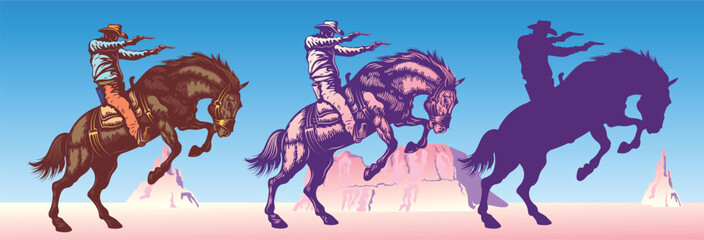 Wall Mural - vector set of illustrated cowboy riding wild mustang horse against weathered desert mountains background