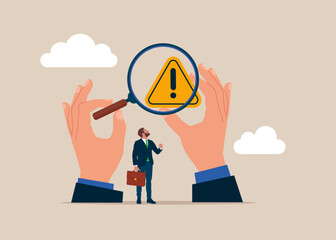 Businessman with magnifying glass. Root cause analysis or solving problem. Flat vector illustration