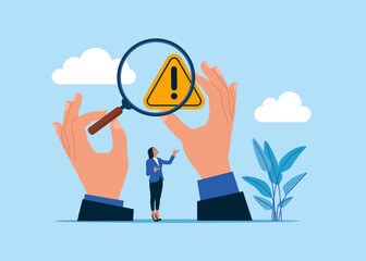 Woman with magnifying glass and investigate incident with exclamation attention sign. Flat vector illustration