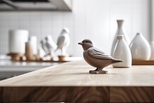 Modern Interior Design, White Table Top Or Shelf With Minimalist Bird Ornament, Birdie Trinkets Over Blurring Contemporary Scandinavian Hardwood Kitchen. Generative AI