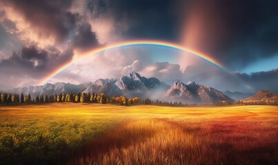   a painting of a rainbow over a field with mountains in the background and a rainbow in the sky over a field with grass and trees.  generative ai