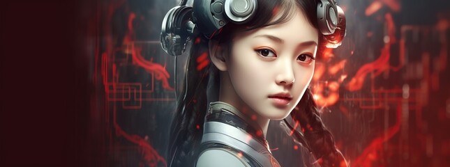 Poster - Illustration of a cyborg woman and Ai technology background , AI Generated