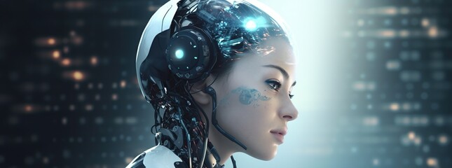 Sticker - Illustration of a cyborg woman and Ai technology background , AI Generated