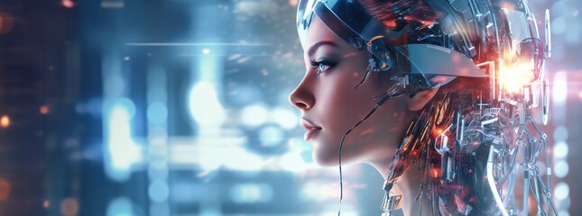 Illustration of a cyborg woman and Ai technology background , AI Generated