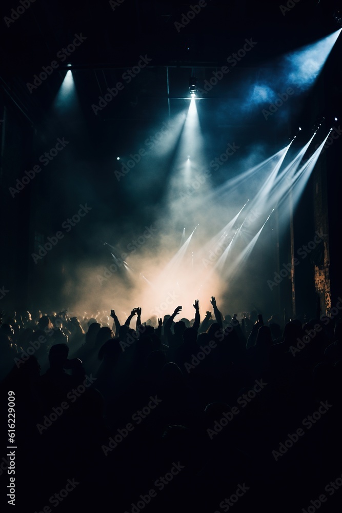 A vibrant crowd dancing at a nightclub concert, their movements creating a blur of color and light against the backdrop of a neon-lit stage.