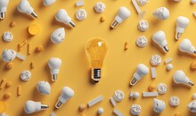  A Light Bulb Surrounded By Many Different Types Of Light Bulbs On A Yellow Background With White And Yellow Shapes And Sizes Of Light Bulbs On The Wall.  Generative Ai