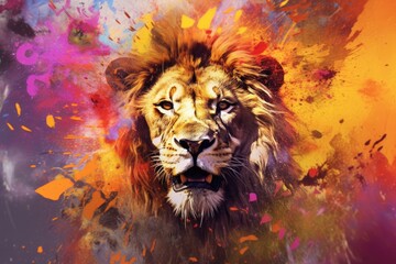 Wall Mural - lion  form and spirit through an abstract lens. dynamic and expressive lion print by using bold brushstrokes, splatters, and drips of paint. lion raw power and untamed energy