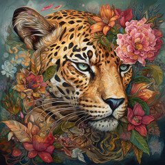 Wall Mural - a leopard with flowers on its head generative ai