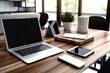 © Vusal - Mockup laptop and tablet with blank screens on a hardwood table in an office. Generative AI