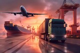 Fototapeta  - Transportation, import-export, commercial logistic, shipping business industry, container truck, ship in port and freight cargo plane Generative AI