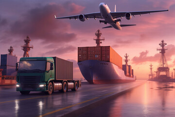 Transportation, import-export, commercial logistic, shipping business industry, container truck, ship in port and freight cargo plane Generative AI