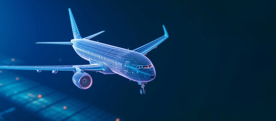 Abstract background with digital grid airplane and blurred lines. Big data. Wireframe 3d plane engineering concept with lens effects. Travel, tourism, transport. Generative AI