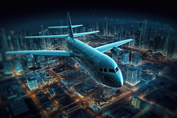 Technology digital future of commercial air transport concept, Airplane taking off from airport runway on city skyline and world map background with copy space, Moving by speed motion Generative AI