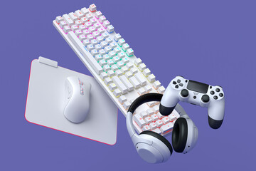 Canvas Print - Top view gamer gears like joystick, keyboard, headphones and mouse