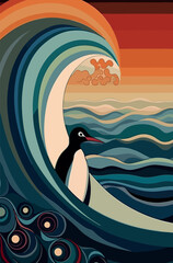 Exquisite hand-painted artwork in the Art Deco style, showcasing a penguin on the polar ice cap in Antarctica, amidst the icy waters and frozen scenery.