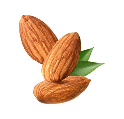 Almond nuts  with green leaves  isolated on white background.