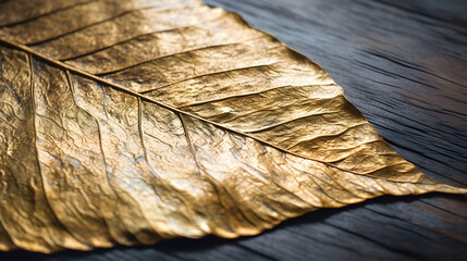 close up of yellow gold leaf on old wood, --aspect 16:9