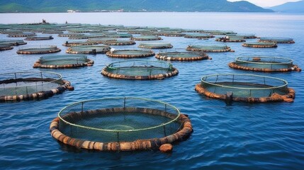 Wall Mural - Sea fish farm nets. Cages for fish farming sea, ai generative	