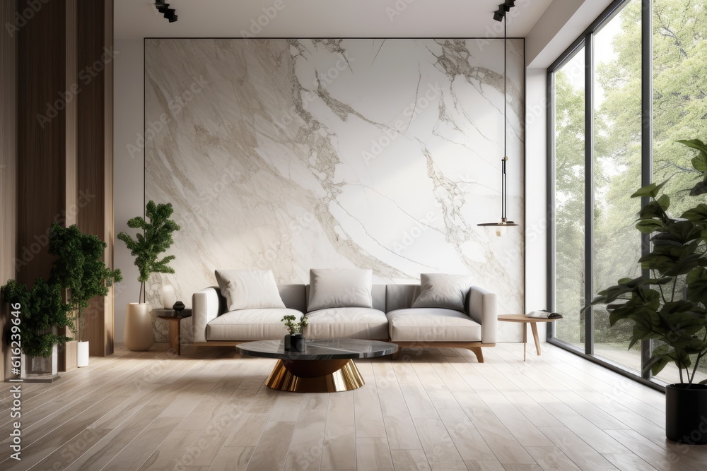 Modern living room interior with wooden floors, marble walls, and sofas ...