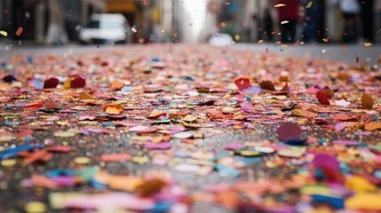 Sticker - Close up colorful confetti on the street. Generative AI