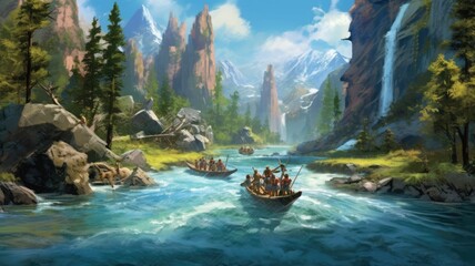 Wall Mural - Embarking on exhilarating river expeditions, surrendering to untamed currents, and immersing in aquatic realms unveil the thrill of water's untamed spirit. Generative AI