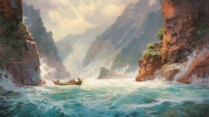 Wall Mural - Embarking on exhilarating river expeditions, surrendering to untamed currents, and immersing in aquatic realms unveil the thrill of water's untamed spirit. Generative AI