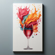 Colorful paint and sip watercolor canvas with red wine glass. Wine and painting event poster