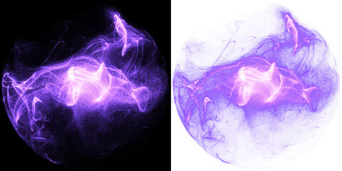 abstract light in motion, swirling purple particle effect with a glowing energy burst on a black, tr