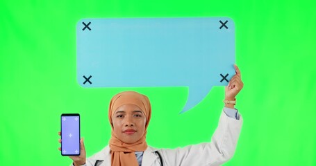 Sticker - Phone, green screen and woman with speech bubble, social media and marketing, advertising or mockup space. Muslim, face and portrait of promotion for mobile app, online or communication on internet