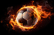 football or soccer with fire burst on blurred Stadion background