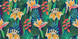 Abstract collage seamless pattern of tropical jungle leaves and flowers. Bright colourful vector design.