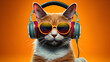ginger dj cat with sunglasses and headphones playing music, disc jockey rock and roll,