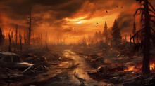 Wildfire Apocalypse - A Post-apocalyptic Landscape After A Wildfire Has Ravaged The Area. Generative AI.