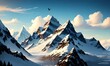 Beautiful! Mountain landscape. Beautiful snow-capped mountains, the sun behind the clouds, flying eagles, Generative AI, Generative, AI