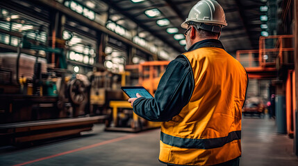 Wall Mural - A man in a modern factory with a tablet in his hands.