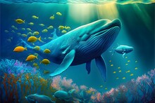 Blue Whale Protecting Her 3 Babies, Colorful Coral, Dolphins Watching, Colorful Jellyfish, Schools Of Angel Fish, Foliage, Water Reeds, Bubbles, Disney Animation, Photorealistic, Sense Of Awe