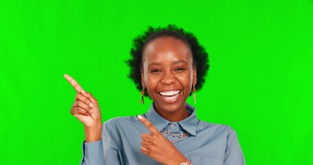 Poster - Happy, face and black woman with hand pointing to green screen studio for sale or news on mockup background. Wow, portrait and excited African female person with announcement, promotion or deal