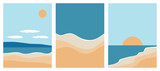 Fototapeta Zachód słońca - Set of abstract posters summer beach. Vector illustration of summer sea, sky, sand. Banner background.
