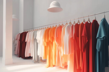 In a chic boutique, clothes arranged in a color gradient, hyper - realistic, vibrant colors of the fabrics contrasting with the minimalist white background, elegant hangers, soft natural light from a 