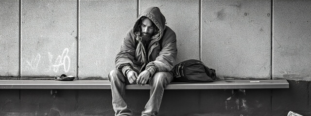 hungry homeless man on the street of a big city, banner made with Generative AI