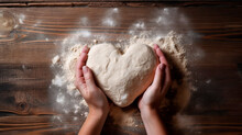 Female Hands Holding Raw Dough In Heart Shape On Wooden Table.