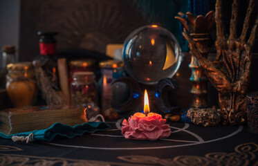 White magic, energy cleaning. Altar for witch, magic for love, health, attracting happiness . Esoteric concept	