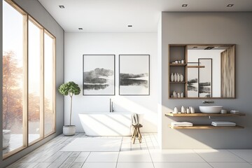 Sticker - modern bathroom with a freestanding tub, floating sink, and large window for natural light. Generative AI