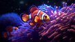 Glowing clownfish in moonlit underwater world, surrounded by colorful corals, creating a mesmerizing and enchanting scene, Generative Ai