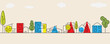 © JewJew - City street line art, town panorama vector illustration. Small and big houses, buildings with garage, city apartments, skyscrapers, trees and bushes. Urban panorama, city streen view. Cottage estate.