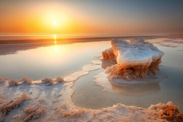 Canvas Print - winter sunset on a frozen lake. Generative AI