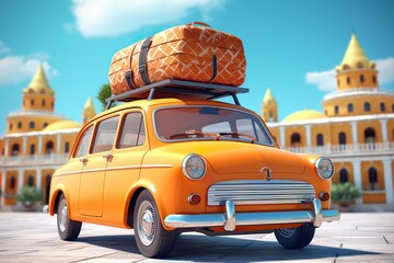 Orange retro car with luggage on the roof ready for summer travel 3D Rendering