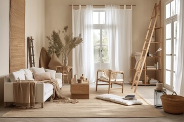 Sticker - Cozy Living Room with Furniture and a Ladder