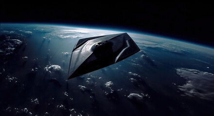Wall Mural - a futuristic starship fighter flying in space above planet earth, dark black future colonization